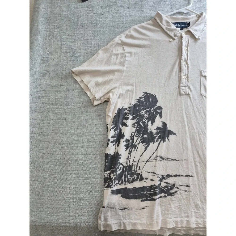 Ralph Lauren Polo Shirt Mens XL Beige Palm Tree Island Print Cotton Golf Tennis